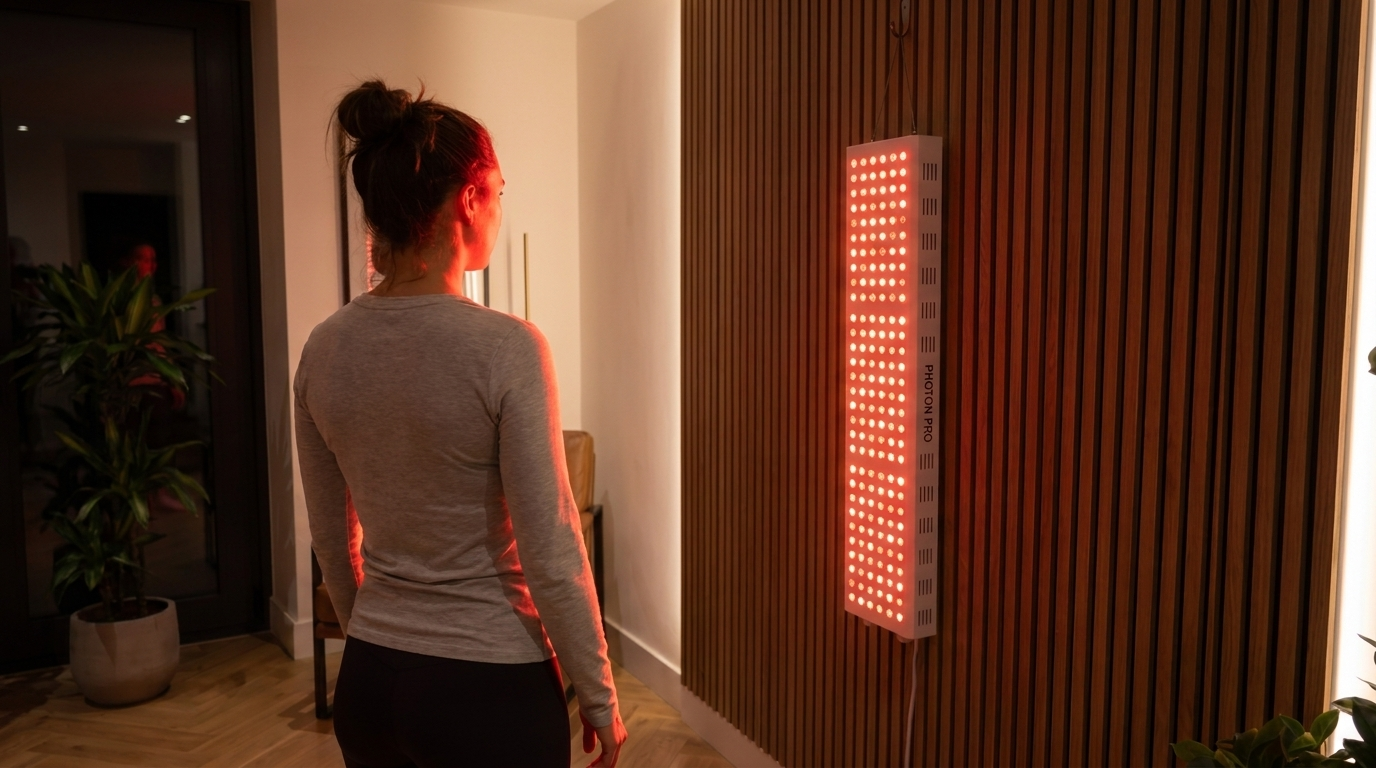 Frau steht vor dem an der Wand haengenden Photon Panel L im abgedunkelten Wohnraum