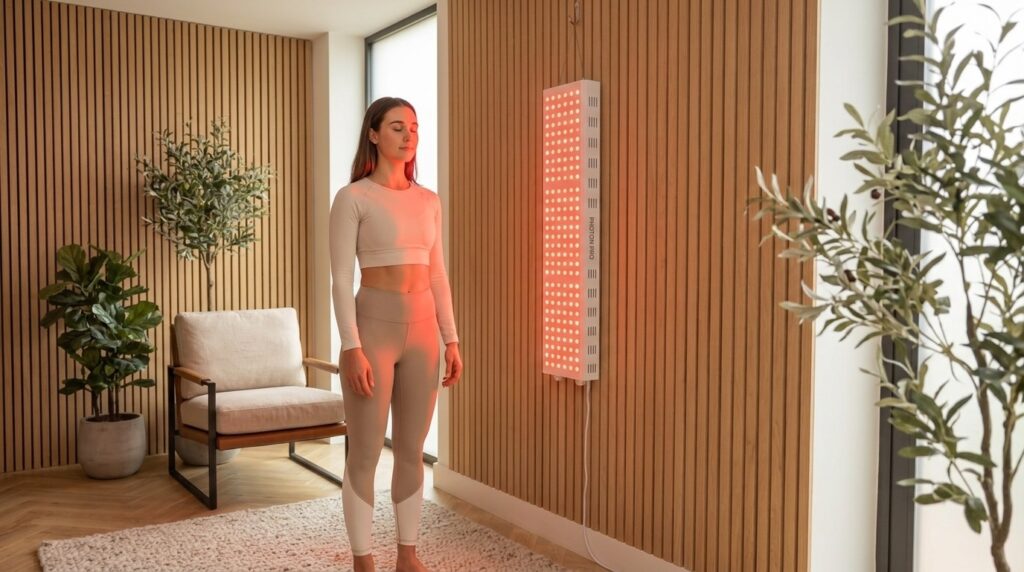 Frau in Sportkleidung bei der Rotlichttherapie vor einem hängenden Photon Panel L im Wellnessraum