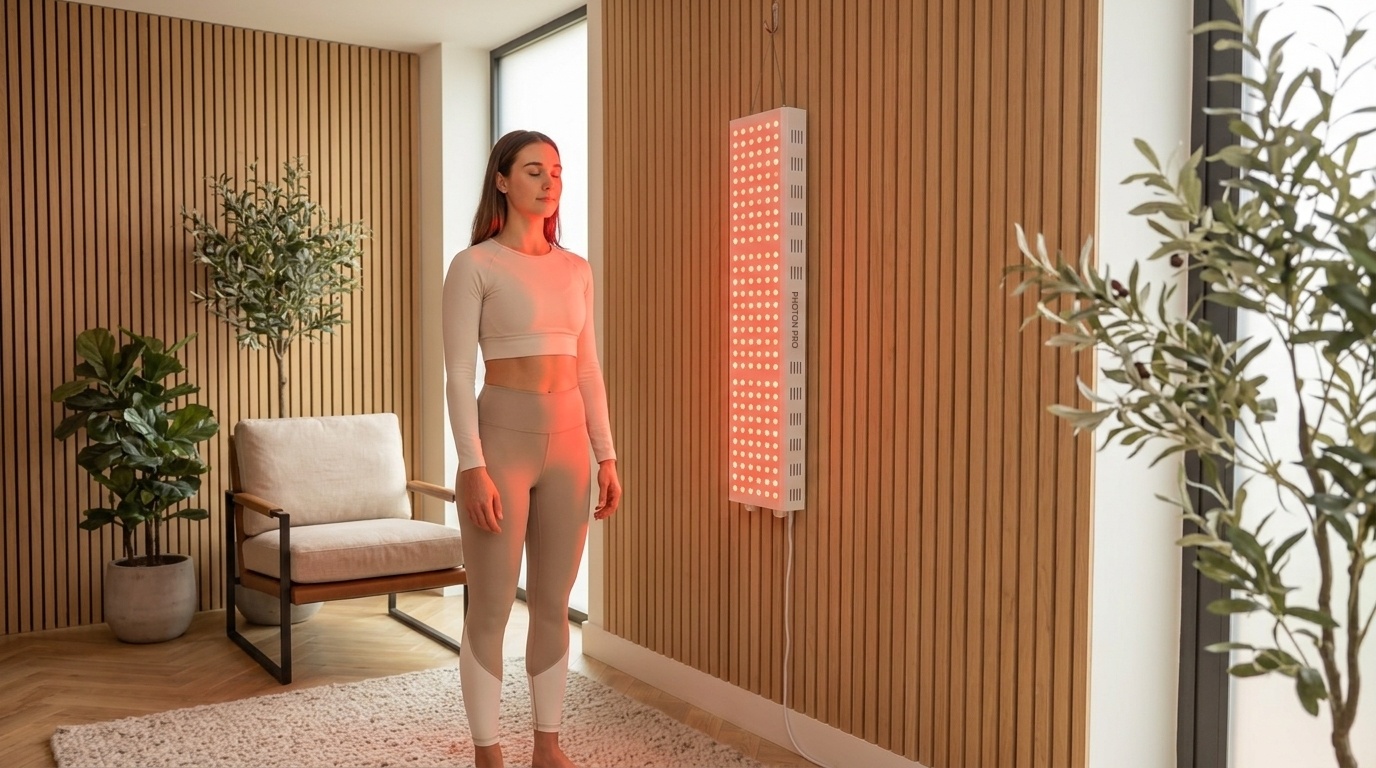Frau in Sportkleidung bei der Rotlichttherapie vor einem hängenden Photon Panel L im Wellnessraum