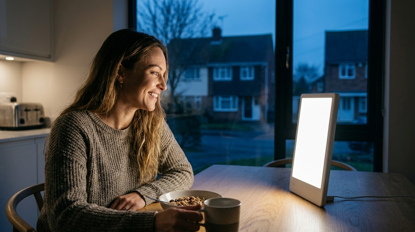 Frau sitzt am dunklen Wintermorgen mit einer Tageslichtlampe am Frühstückstisch