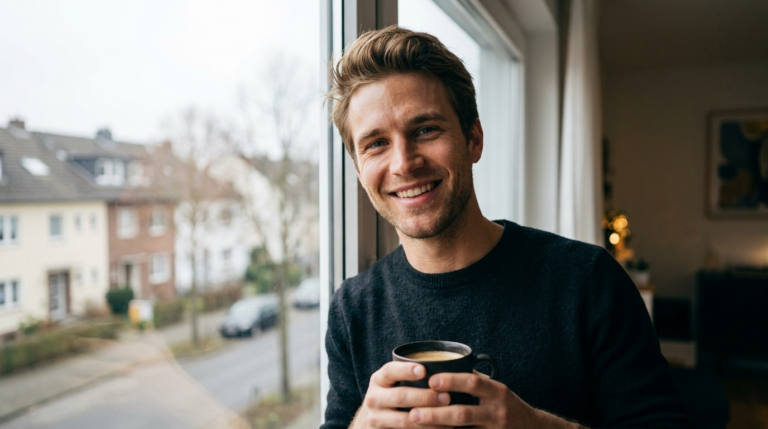 Junger Mann steht mit einer Tasse Kaffee am Fenster und tankt helles Morgenlicht an einem grauen Wintermorgen