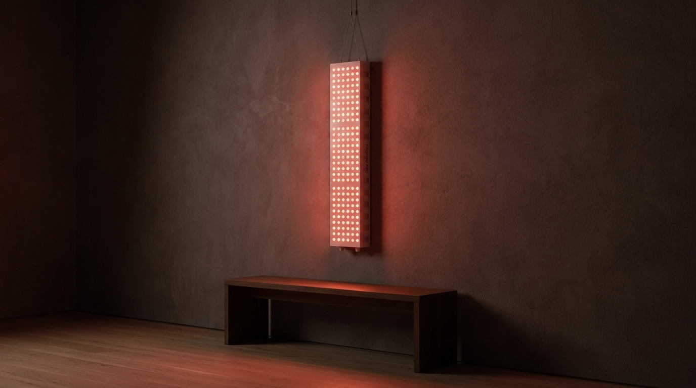 Photon Panel L haengt leuchtend an der Wand ueber einer Holzbank im abgedunkelten Raum