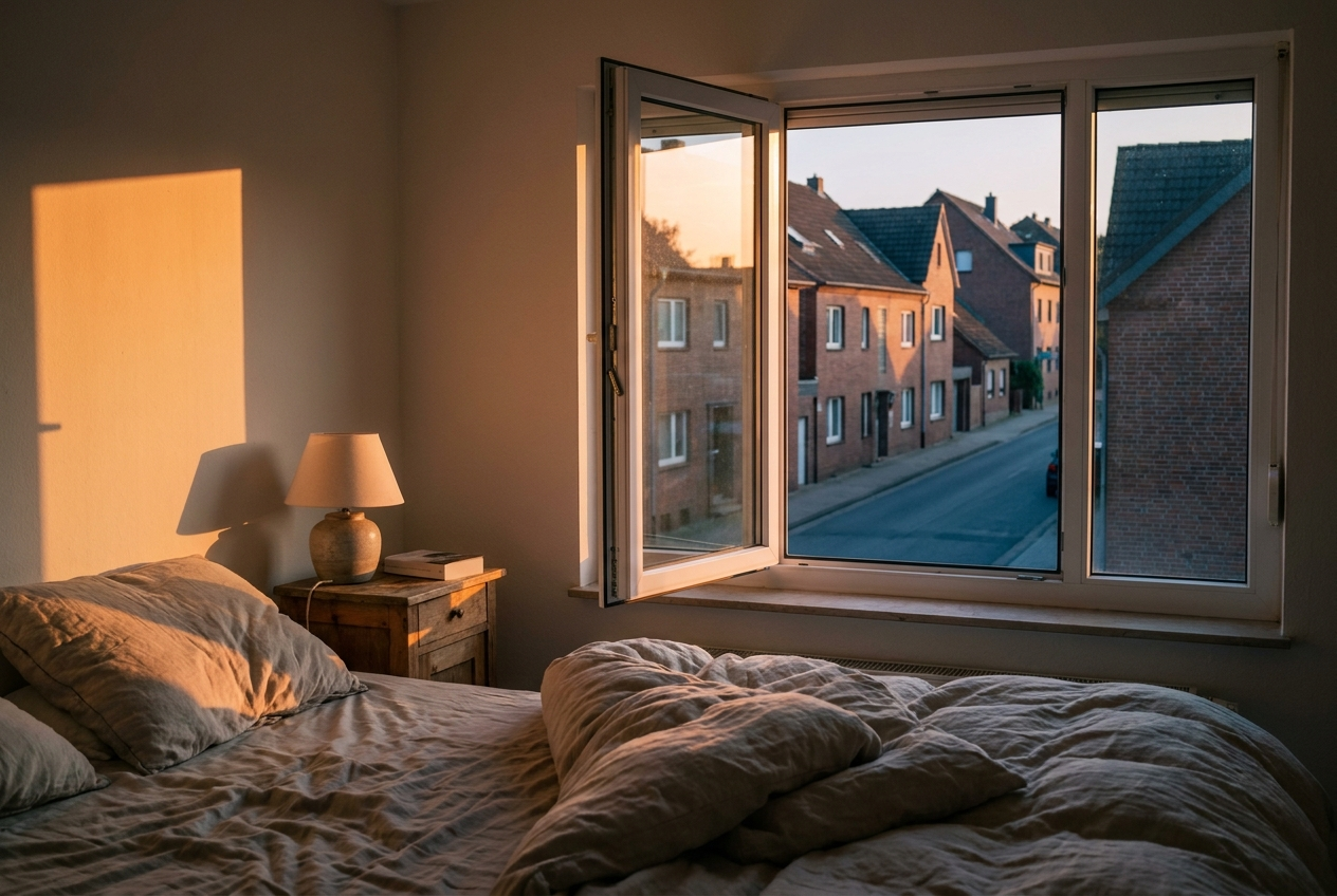 Warmes Abendlicht faellt durch ein Fenster in ein ruhiges Schlafzimmer, natuerlicher Taktgeber fuer den zirkadianer Rhythmus