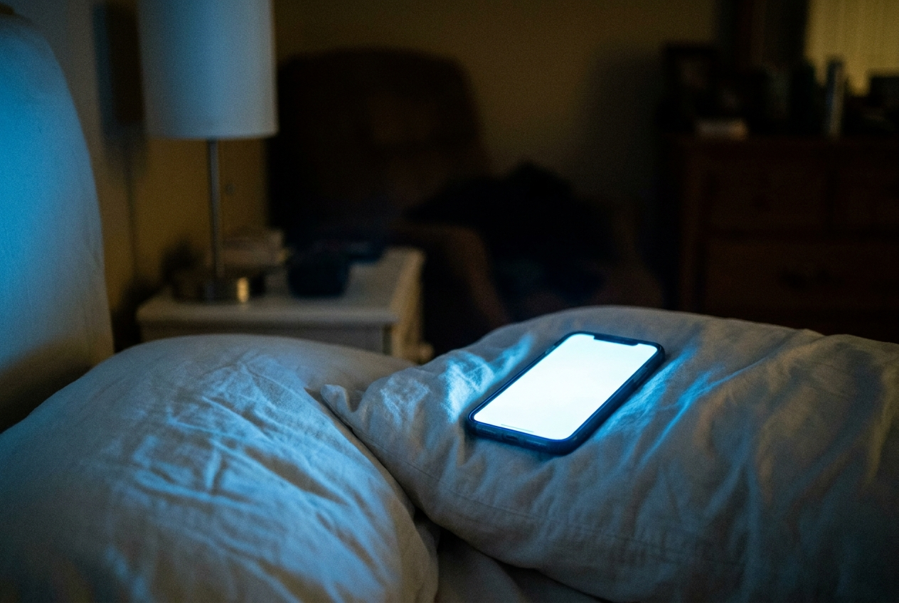 Smartphone leuchtet nachts mit kaltem blauem Licht im dunklen Schlafzimmer und stoert den zirkadianer Rhythmus