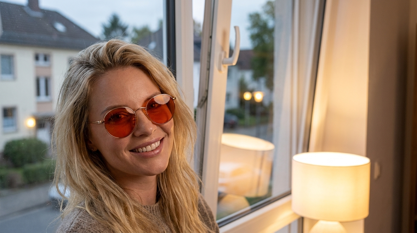 Attraktive blonde Frau mit runder warm getoenter Blaulichtfilter-Brille am Fenster in der Abenddaemmerung, zirkadianer Rhythmus