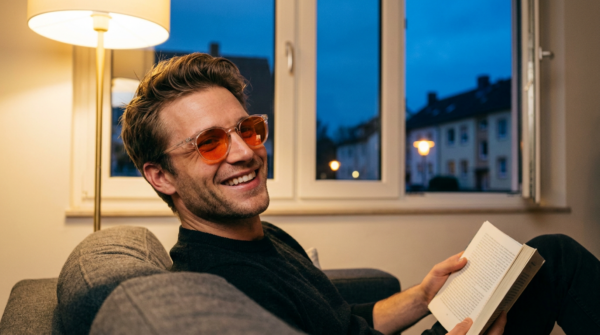 Mann mit warm getoenter Blaulichtfilter-Brille entspannt am Abend, zirkadianer Rhythmus und Licht